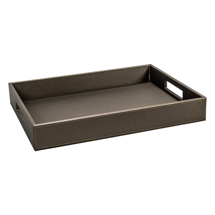 ALISEO Tablett in der Farbe Taupe und aus feinstem Kunstleder. Samtweiche satinierte Haptik und handgearbeitete Ziernähte. Mit Handgriffen für einen bessern Halt.