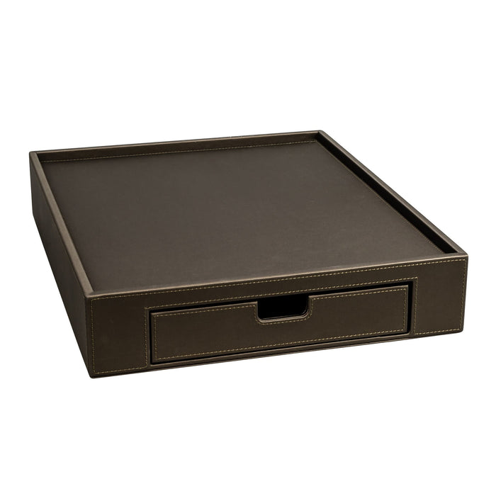 ALISEO Tablett in der Farbe Taupe und aus feinstem Kunstleder. Samtweiche satinierte Haptik und handgearbeitete Ziernähte. Schublade zur Aufbewahrung der Zutaten inklusive Kaffeekapseleinsatz.