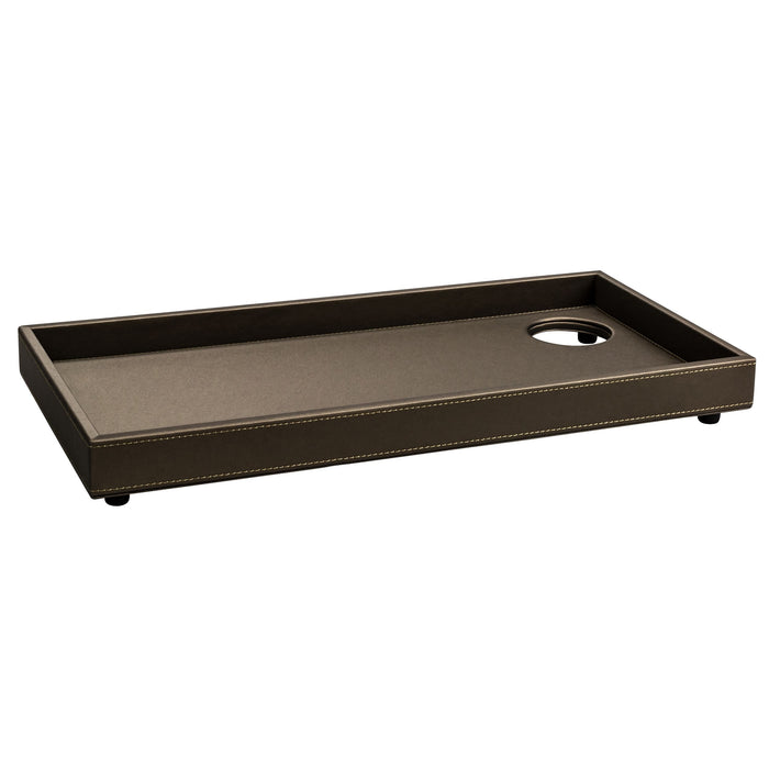 ALISEO Tablett in der Farbe Taupe und aus feinstem Kunstleder. Samtweiche satinierte Haptik und handgearbeitete Ziernähte. Ausschnitte für Wasserkocher-Anschlusskabel.