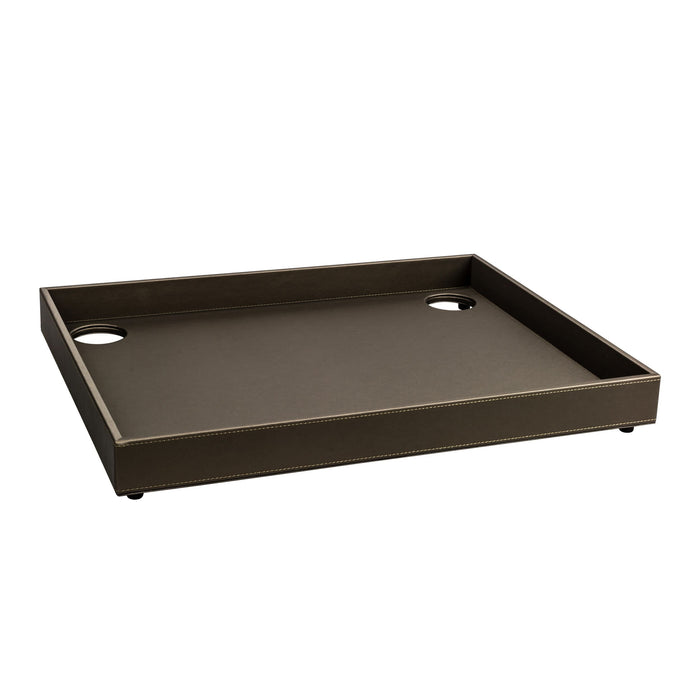 ALISEO Tablett in der Farbe Taupe und aus feinstem Kunstleder. Samtweiche satinierte Haptik und handgearbeitete Ziernähte. Zwei Ausschnitte für Anschlusskabel.