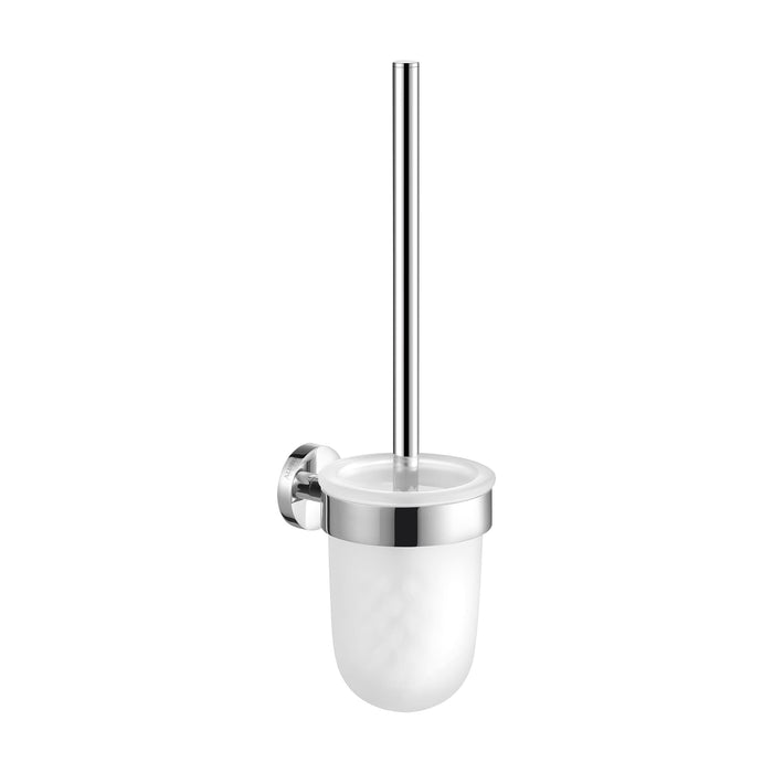 NOW WC-Bürstengarnitur in Chrom mit satiniertem Glas, Bürste mit Abdeckung. Massive Messingkonstruktion mit verdeckte Schrauben.