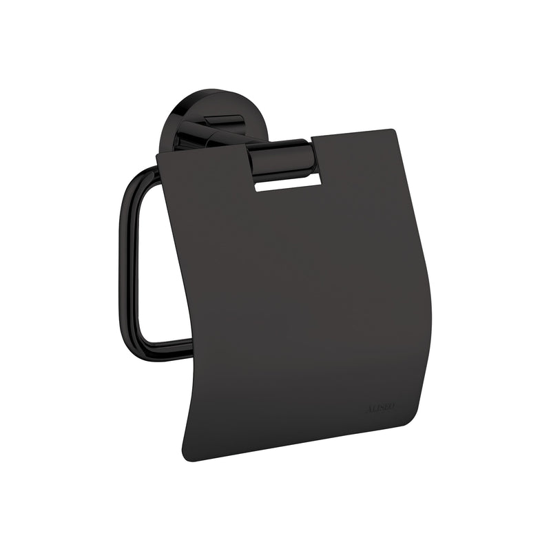 Nexxus Papierrollenhalter offen, mit Deckel in Schwarz matt. Massive Messingkonstruktion mit verdeckte Schrauben. Pulverbeschichtete Oberfläche.