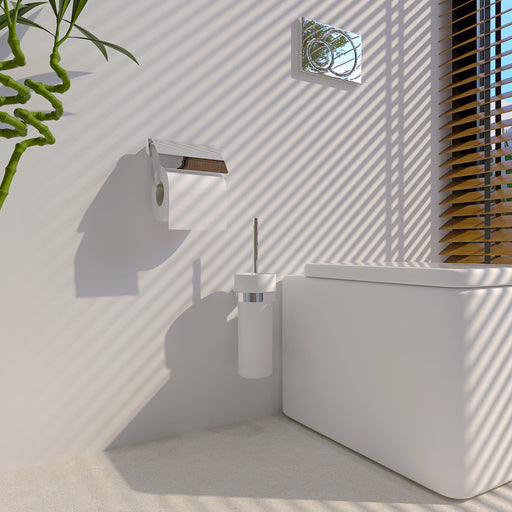 Architecto WC-Bürstengarnitur von ALISEO im Badezimmer an einer Wand montiert. Helle, Lichtdurchflutete Athmosphäre.