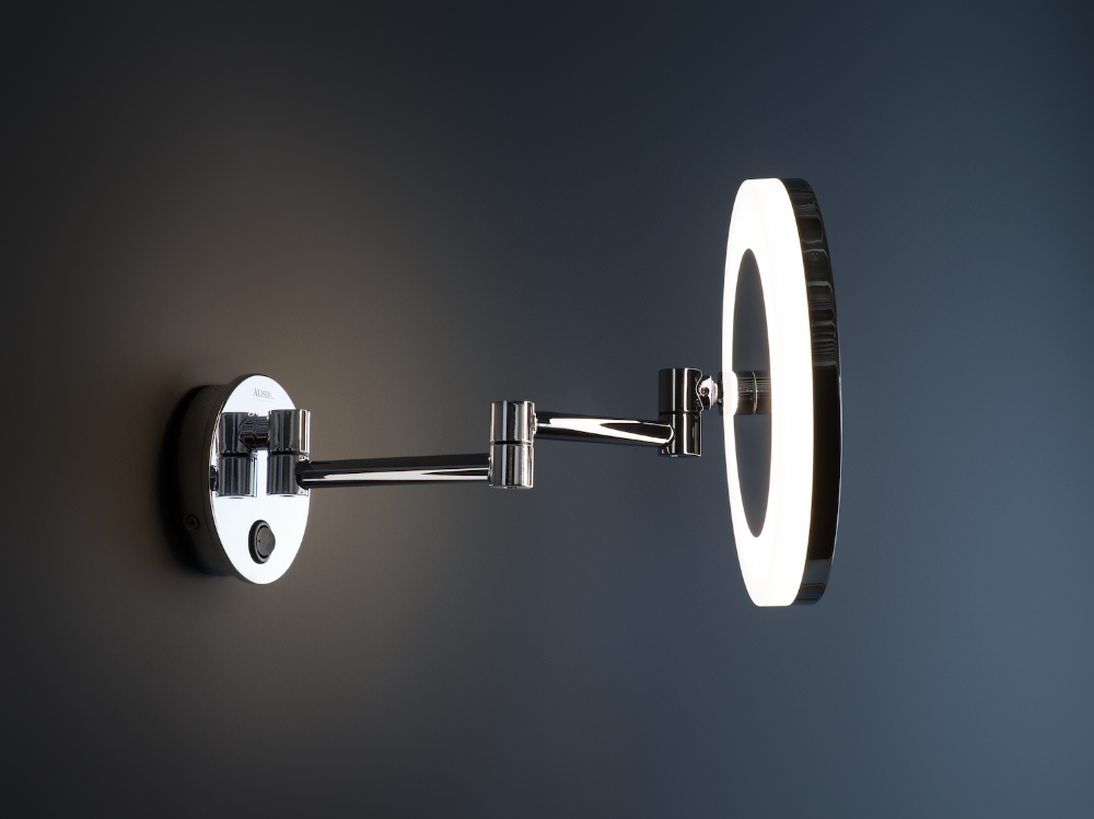 Der beleuchteter Kosmetikspiegel LED ME am Doppelschwenkarm von ALISEO integriert nahtlos eine lichtdurchlässige Acrylglas-Rückwand, die ein charakteristisches Rückseitenlicht ausstrahlt und somit ein wohliges Wohnlicht im Raum vermittelt.