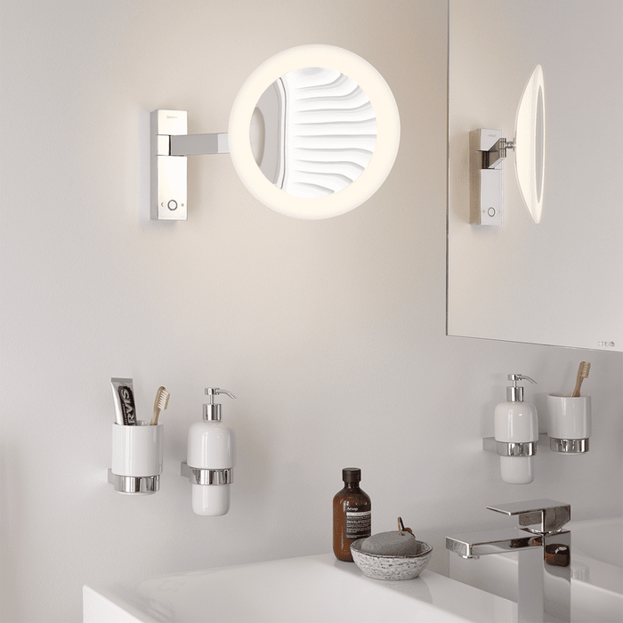 LED MOON DANCE Wandspiegel am Schwenkarm mit 3-fach Vergrößerung, durchscheinendes Acrylglas, Zweiseitiger Lichtmodus warm-weiß und kalt-weiß, maximale Beweglichkeit