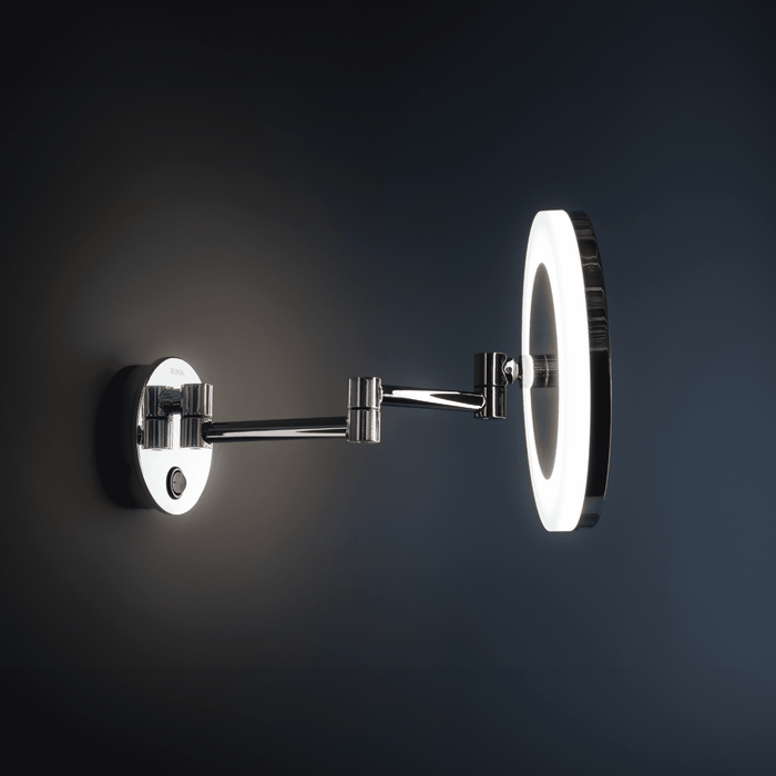 ME Wandspiegel am Doppel-Schwenkarm mit 3-fach Vergrößerung, Ambiente-Hintergrundbeleuchtung, Durchscheinendes Acrylglas, LED-Beleuchtung mit warm-weißem Licht