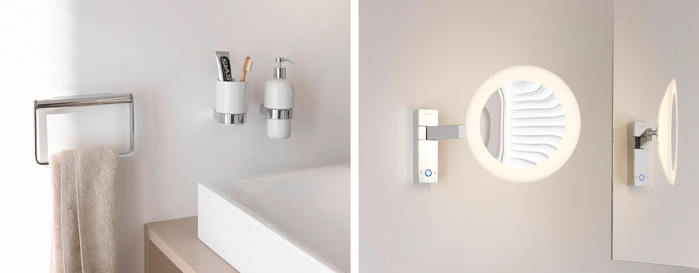 Bad-Accessoires von Aliseo in Silber für ein modernes und klares Design mit dem Kosmetikspiegel LED Moon Dance am Schwenkarm