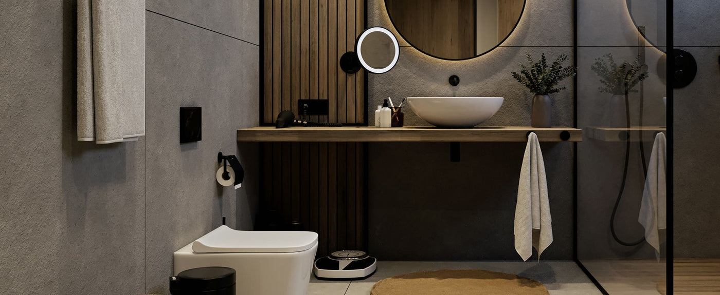 Entdecke Aliseo Badezimmer-Accessoires: Edle Bad-Accessoires in Grau-Schwarz. Runde Spiegel, Handtuchhalter, Kosmetikeimer mit elegante Texturen für dein modernes Bad.