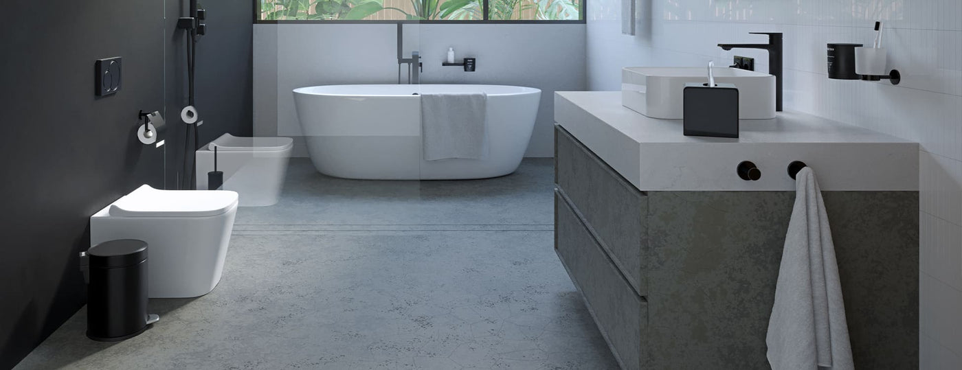 Schwarze Badaccessoires der Nexxus Serie von Aliseo in modernem Look. Zeitgemäßes Design mit klaren Linien und glatten Texturen.