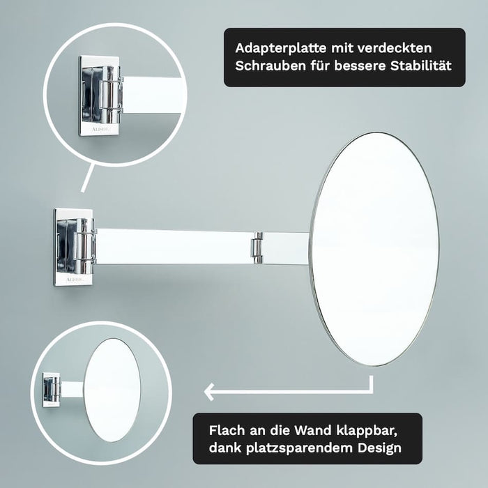 FACE Wandspiegel am Doppel-Schwenkarm mit 3-fach Vergrößerung, Modernes Design mit rahmenloser Spiegelfläche, Platzsparend klappbar