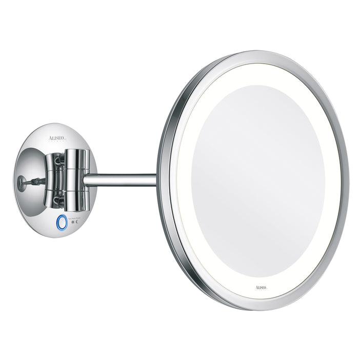 LED SATURN T3 Wandspiegel am Schwenkarm, Spiegel mit 3-fach Vergrößerung, Zwei Lichtfarben einstellbar, Beleuchteter Tastschalter, Hochwertige Messingkonstruktion