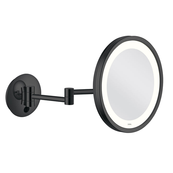 LED CITY LIGHT Wandspiegel am Doppel-Schwenkarm in Schwarz, 3-fach Vergrößerung, Blendfreie integrierte LED-Beleuchtung, geräumige Spiegelfläche mit einem Durchmesser von 250mm