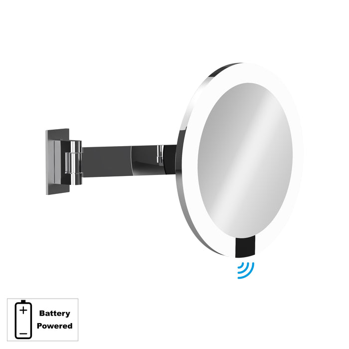 LED INTERFACE Wandspiegel am Schwenkarm mit 3-fach Vergrößerung, Ambiente-Hintergrundbeleuchtung, Akkubetrieben, Infrarotsensor – Licht schaltet sich automatisch ein