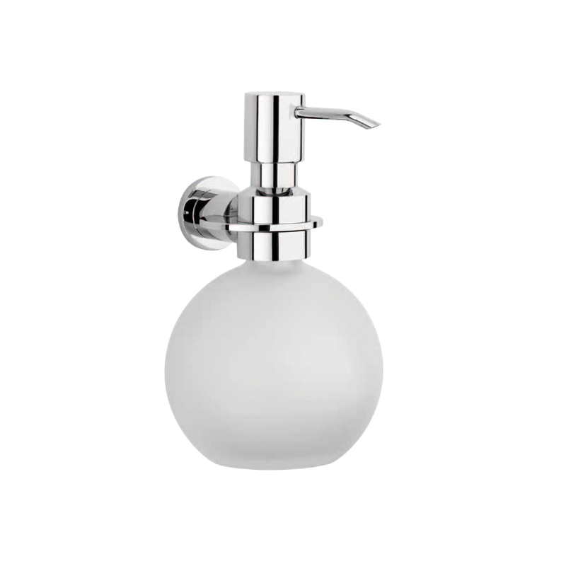 TECNO Seifenspender aus satiniertem Glas, 250 ml Fassungsvermögen, klare Formen und minimalistisches Design, Massive Messingkonstruktion – 1,25 mm Wanddicke, Sicheres Montagesystem, Verdeckte Montageeinheit, keine sichtbaren Schrauben