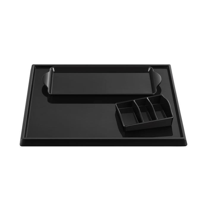 Tablettset aus Grundtablett, Serviertablett, Produktablage
Material Melamin mit Porzellanoptik in Schwarz. Kratzfest und Spülmaschinen geeignet.