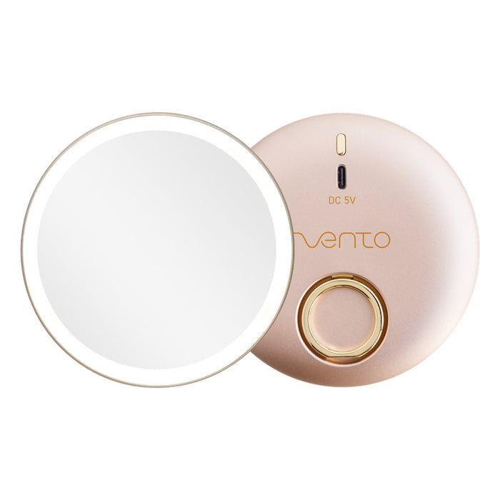 VENTO Licht-Handspiegel, rundes Design in einem Champagne Gold Finish, Booster Funktion für die Nacht, Perfekt für die Handtasche mit Ringhalterung