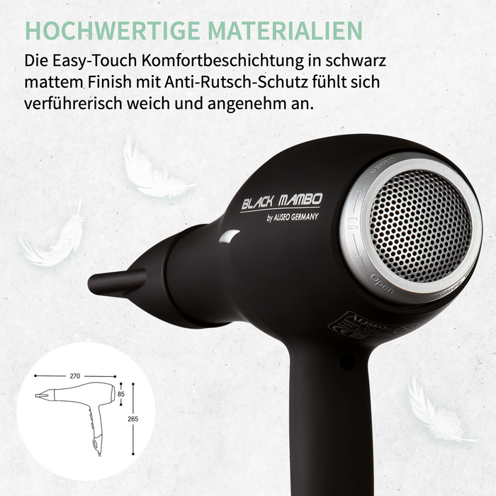 Schwarzer Black Mambo Hotel-Haartrockner mit Ionen-Technologie, mattem Finish, mehreren Heiz- und Gebläsestufen für Ihr Styling.