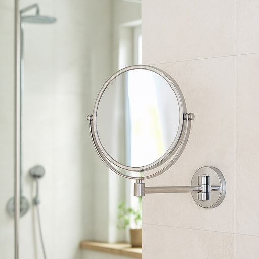 CONCIERGE COLLECTION Wandspiegel am Schwenkarm hängt in einem hellen Badezimmer an einer Wand aus weißen Fließen, 2 Spiegelflächen, Verdeckte Montageeinheit, Rundum drehbar