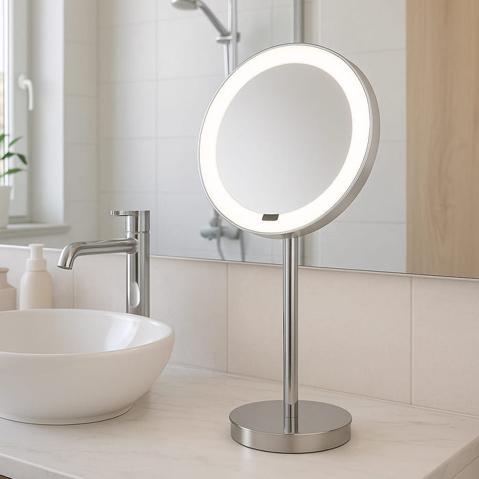 Elegantes Badezimmer mit dem LED Interface Standspiegel von Aliseo, Minimalistisches und Modernes Design, Rundes Spiegelglas mit integrierte Ambiente-Hintergrundbeleuchtung, 