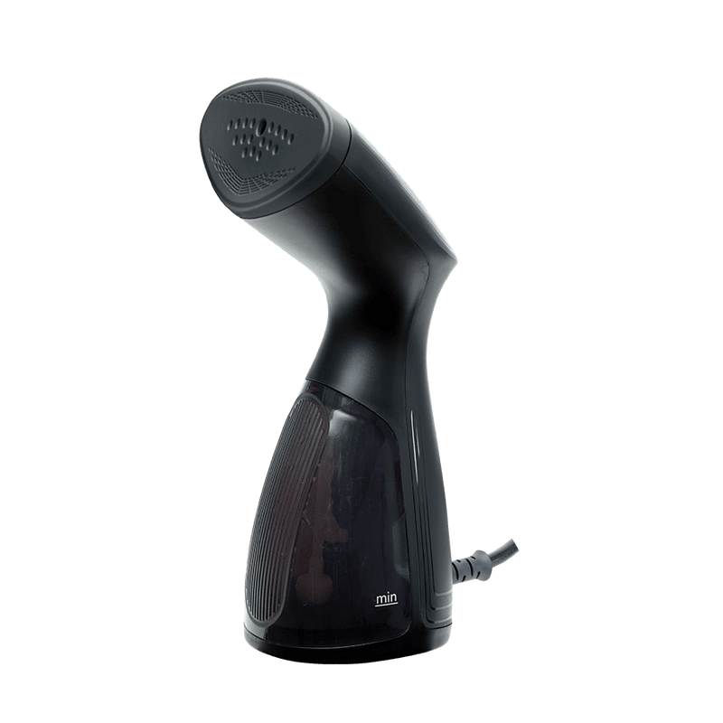 STEAMO Dampfglätter von ALISEO in der Farbe Schwarz. Entfernt mühelos Knitter und Falten und ist somit auch praktisch für unterwegs.