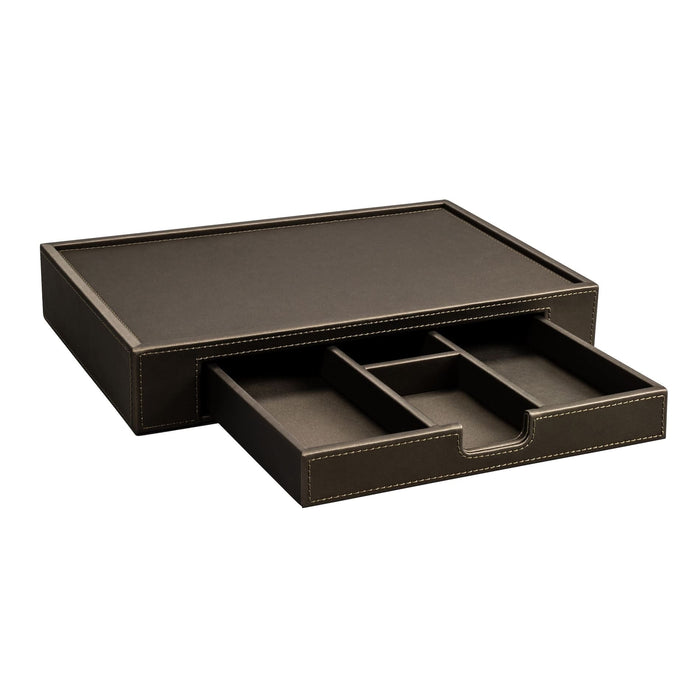 ALISEO Tablett in der Farbe Taupe und aus feinstem Kunstleder. Samtweiche satinierte Haptik und handgearbeitete Ziernähte. Schublade zur Aufbewahrung der Zutaten.
