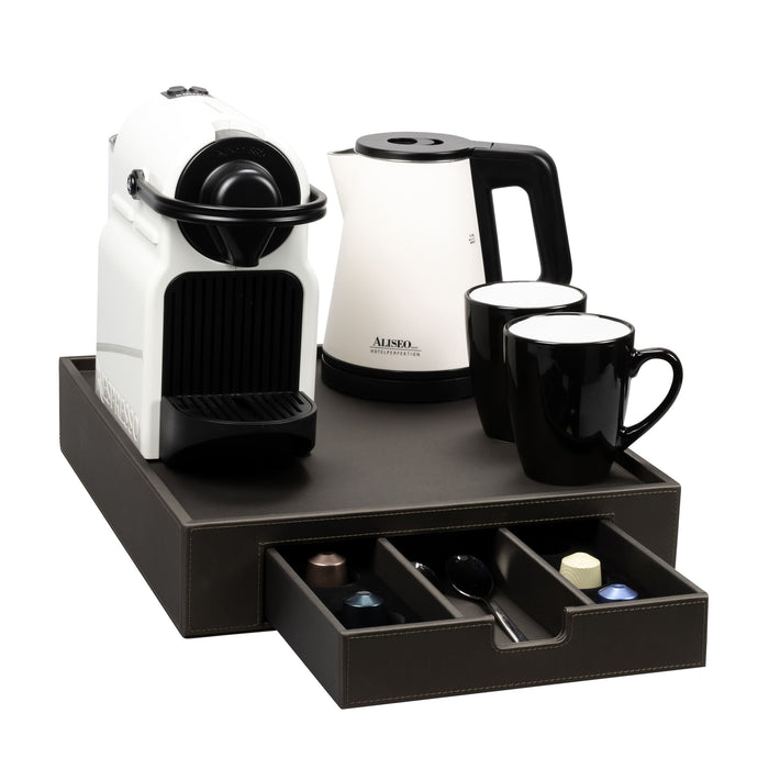 ALISEO Tablett in der Farbe Taupe und aus feinstem Kunstleder. Ablagefläche für Kaffeemaschine, Wasserkocher und Tassen. Schublade zur Aufbewahrung der Zutaten inklusive Kaffeekapseleinsatz.