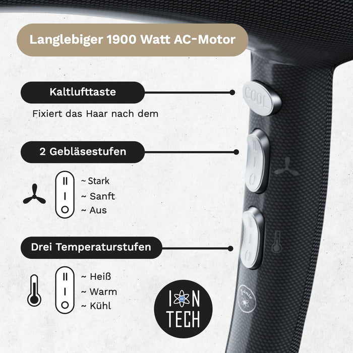 Carbonic 1900 Haartrockner mit Ionen-Technologie und langlebiger 1900 Motor, Karbonoptik, mehreren Heiz- und Gebläsestufen für Ihr Styling.
