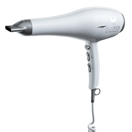 Polarfox Haartrockner mit Ionentechnologie, Weiß-Silber, elegante Linien, glatte Textur, ideal für Hotelbedarf.