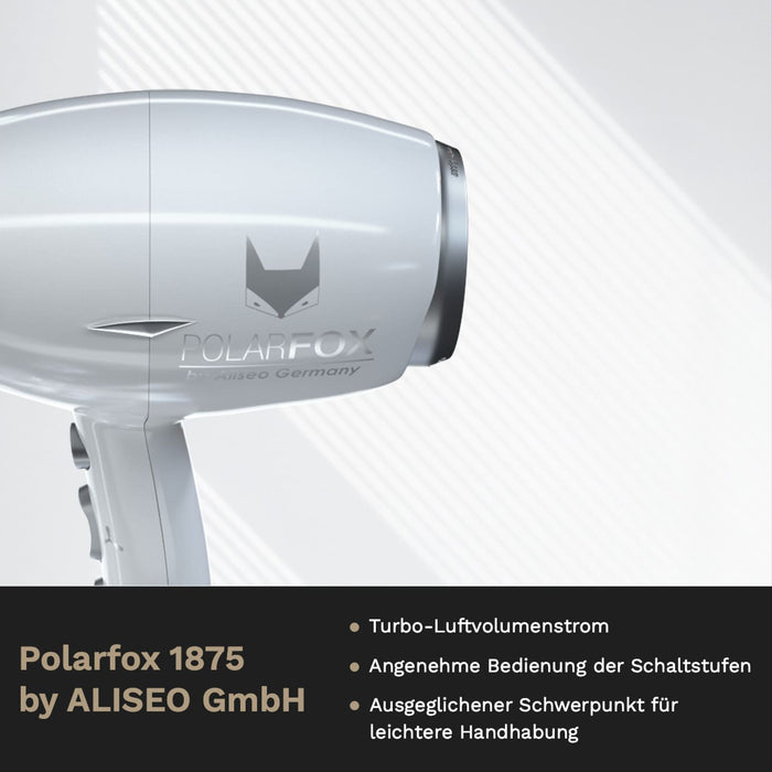 Erleben Sie den ALISEO Polarfox 1875 Haartrockner in Weiß-Silber mit Ionen-Technologie und mehreren Heiz- und Gebläsestufen, inklusive Turbo Volume Air Flow.