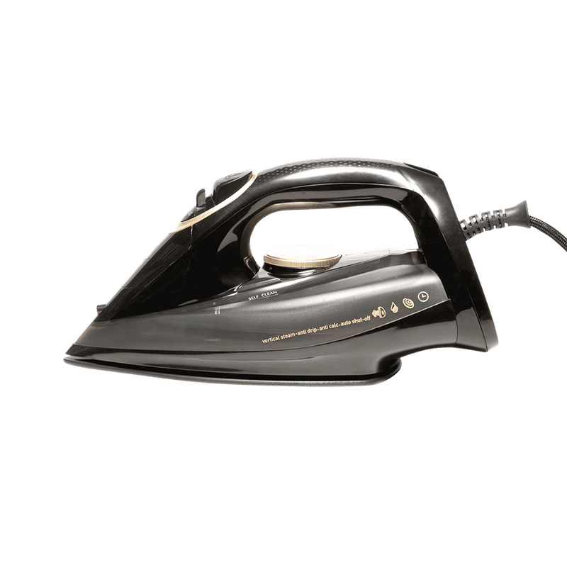 Das leistungsstarke Dampfbügeleisen ONYX in der Farbe Schwarz von ALISEO glättet Textilien mühelos.