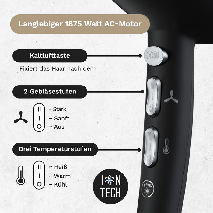 Schwarzer Black Mambo Hotel-Haartrockner mit Ionen-Technologie und langlebiger 1875 Motor, mattem Finish, mehreren Heiz- und Gebläsestufen für Ihr Styling.