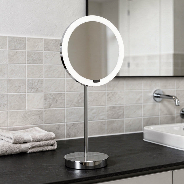 Elegantes Badezimmer mit dem LED Interface Standspiegel von Aliseo, Minimalistisches und Modernes Design, Rundes Spiegelglas mit integrierte Ambiente-Hintergrundbeleuchtung, 