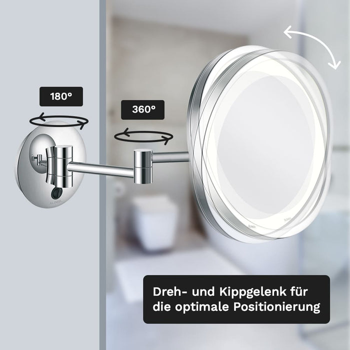 LED CITY LIGHT Wandspiegel am Schwenkarm mit 3-fach Vergrößerung, Blendfreies LED-Licht, Große Spiegelfläche – Durchmesser 250 mm, Ausklappbar bis 400 mm