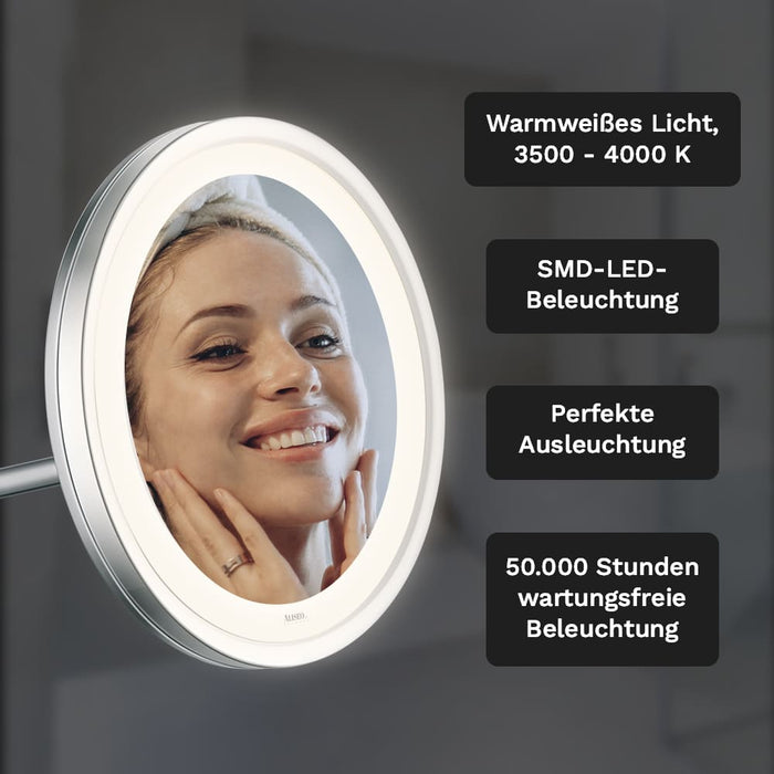 LED CITY LIGHT Wandspiegel am Schwenkarm mit 3-fach Vergrößerung, Blendfreies LED-Licht, Große Spiegelfläche – Durchmesser 250 mm, Ausklappbar bis 400 mm