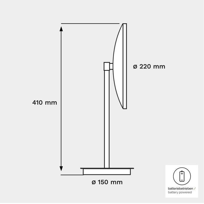 ALISEO LED Interface Kosmetikspiegel als Standmodell, Maßangaben von 410 mm Höhe und einem Spiegeldurchmesser von 220  mm
