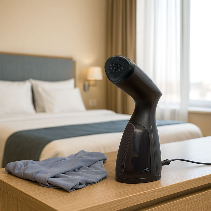 STEAMO Dampfglätter von ALISEO steht auf einer hellen Kommode aus Holz in einem Schlafzimmer. Daneben liegt ein Abendkleid. Der STEAMO entfernt mühelos Knitter und Falten und ist somit auch praktisch für unterwegs.