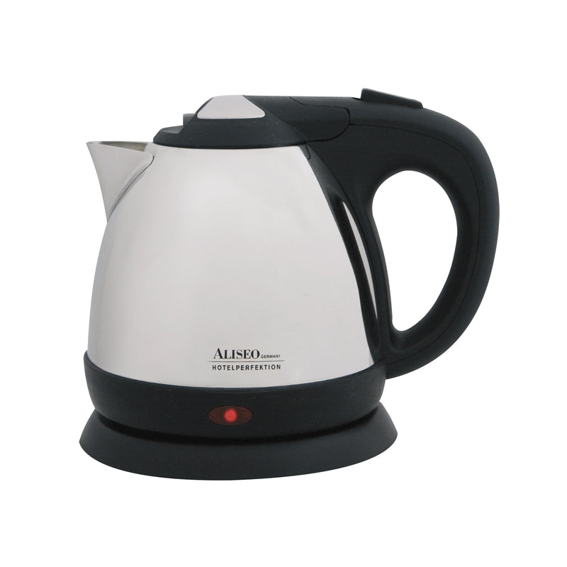 ALISEO Empire Wasserkocher in der Farbe Chrome/Schwarz. Formensprache eines traditionellen Teekessels mit einer geschwungene Silhouette. Fassungsvermögen von 0,8 Litern.