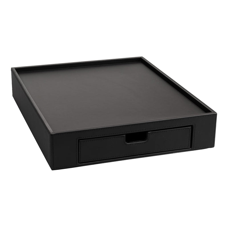 ALISEO Tablett in der Farbe Schwarz und aus feinstem Kunstleder. Samtweiche satinierte Haptik und handgearbeitete Ziernähte. Schublade zur Aufbewahrung der Zutaten inklusive Kaffeekapseleinsatz.
